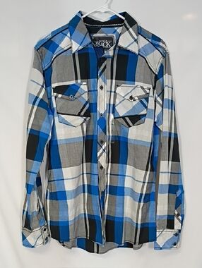 NWT Buckle Black Blue White Plaid Button-Down Long Sleeve Shirt Mens Size Medium
